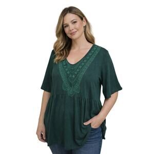 Suzanne Betro Weekend Women's Short Sleeve Tunic Top 3X Embroidered Green NWT